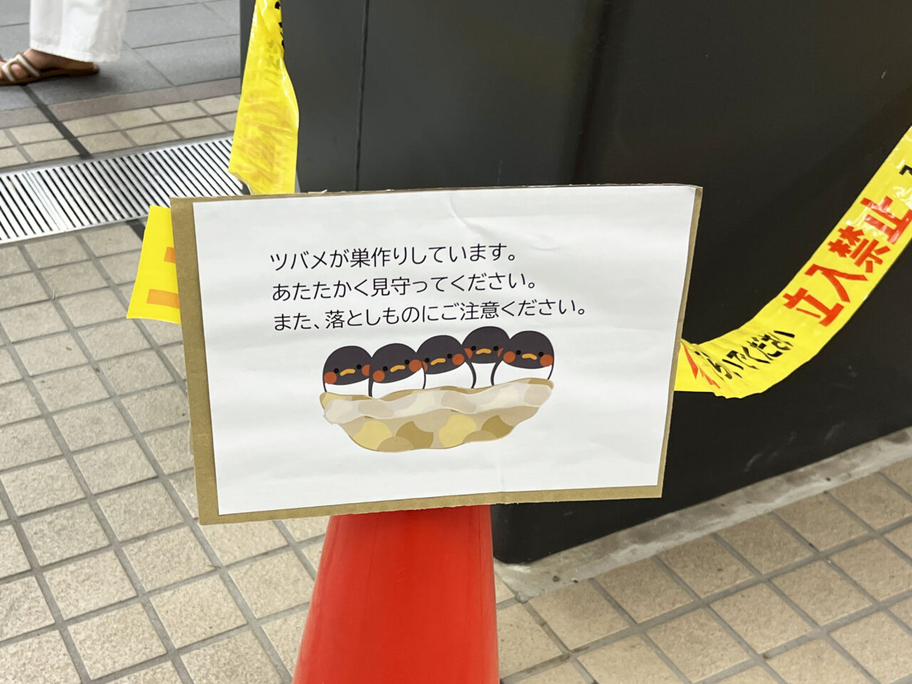 つばめが子育て中のため頭上注意の張り紙