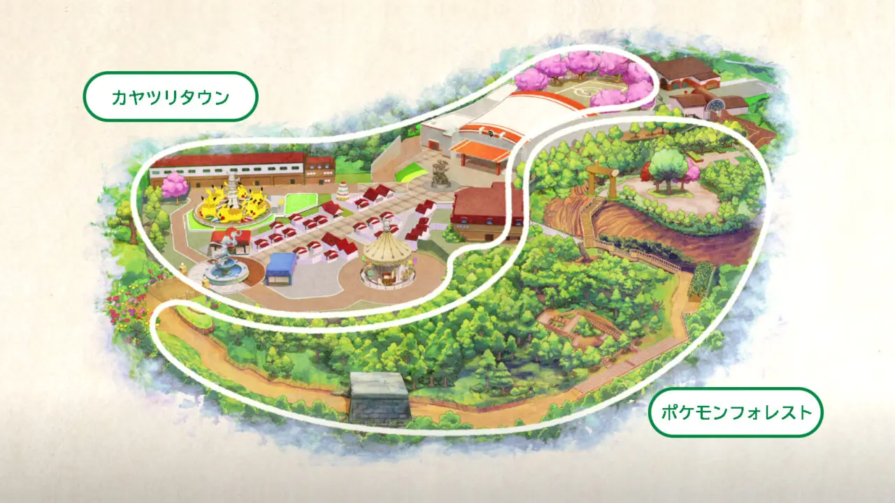 ポケパーク カントーには、森の中でポケモンたちの生態を観察できる「ポケモンフォレスト」と、グッズ購入などを楽しめる「カヤツリタウン」の二つのエリアが設置されます。